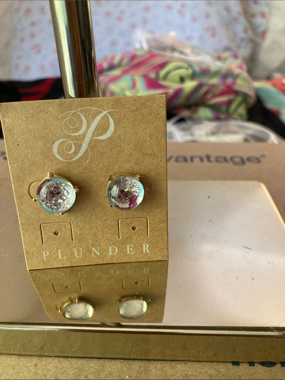 Plunder Gold-Trim Round Resin Studs with Pink, Purple & Aqua Accents